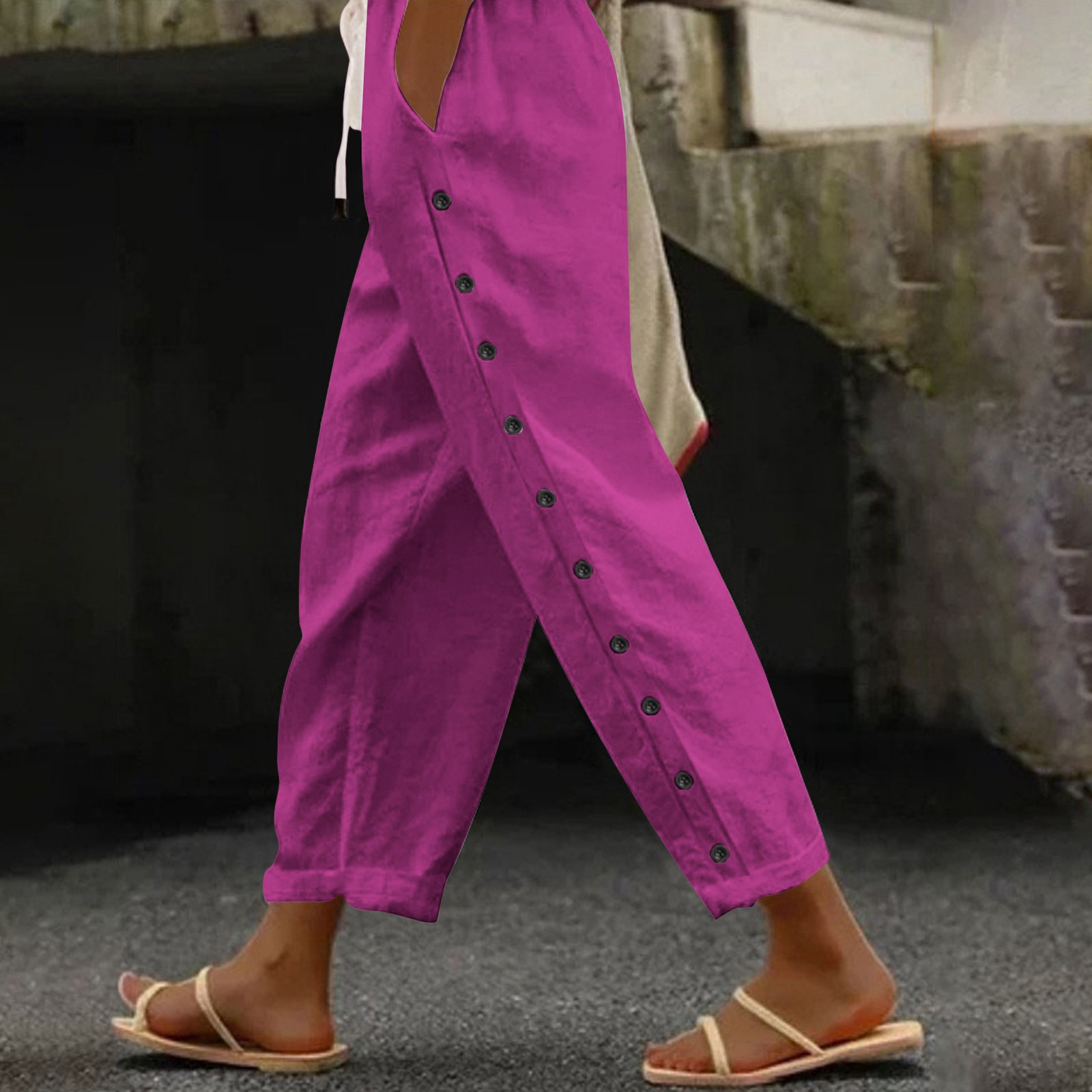 thumbnail image 2 of Pantalones holgados con cintura elástica y hebilla lateral de color liso para mujer - Pantalones informales de poliéster con bolsillos traseros, tallas S-XXL, 2 of 8
